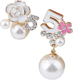 Faux Imitation Pearl White Black Floral Dangle Drop Earrings Studs