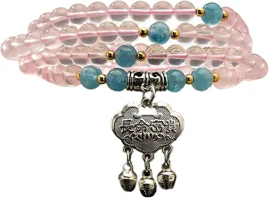 Feng Shui Rose Quartz Bracelet Buddhism Multi-Layer Mala Beads Prayer Crystal Wealth Bracelet Silver Long Life Lock Charka Balance Gems Amulet Talisman Popularity Longevity Prosperity Luck
