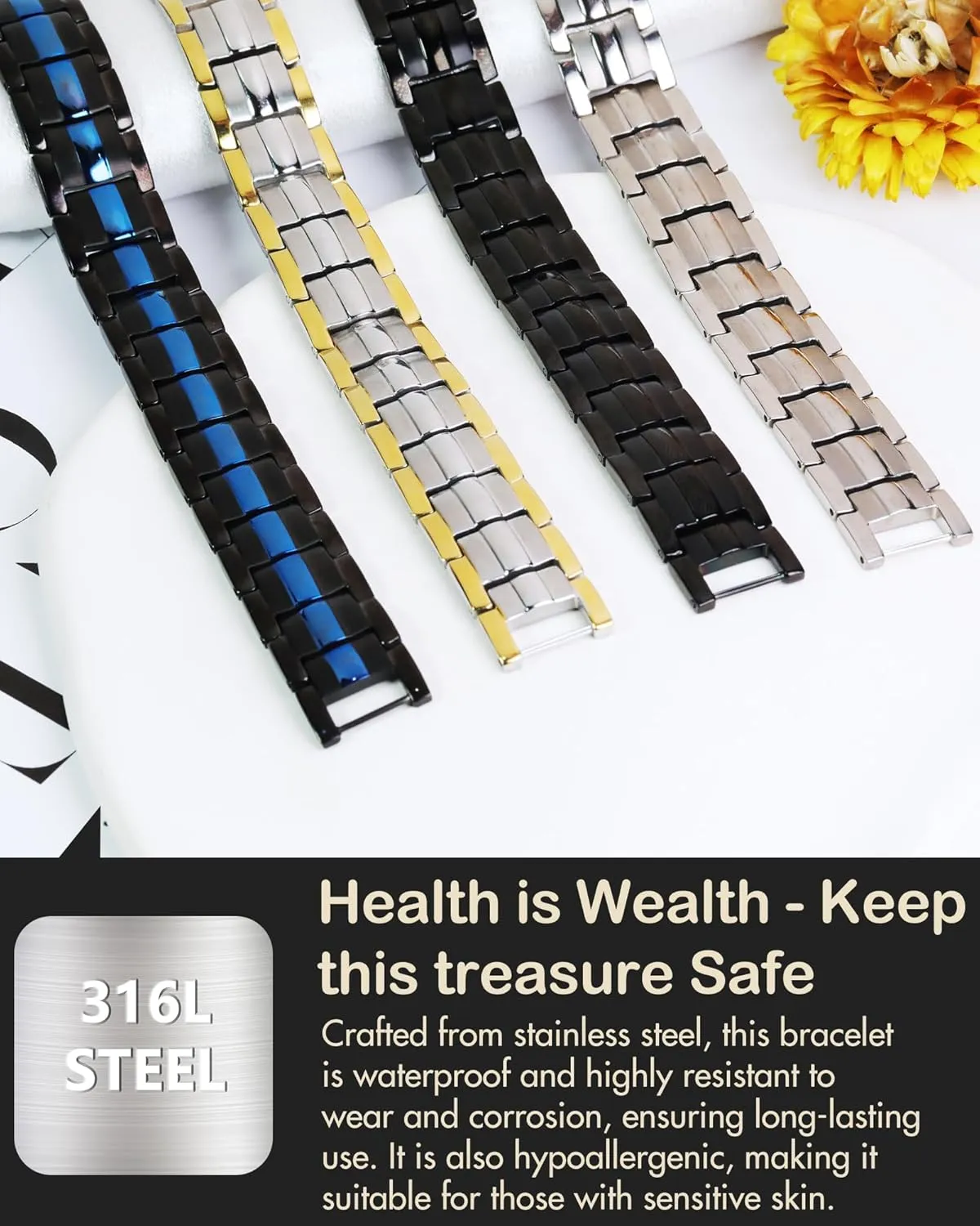 Feraco Magnetic Bracelets for Men, Titanium Steel Magnet Bracelet with Double Rows Effective 4 Elements Stones