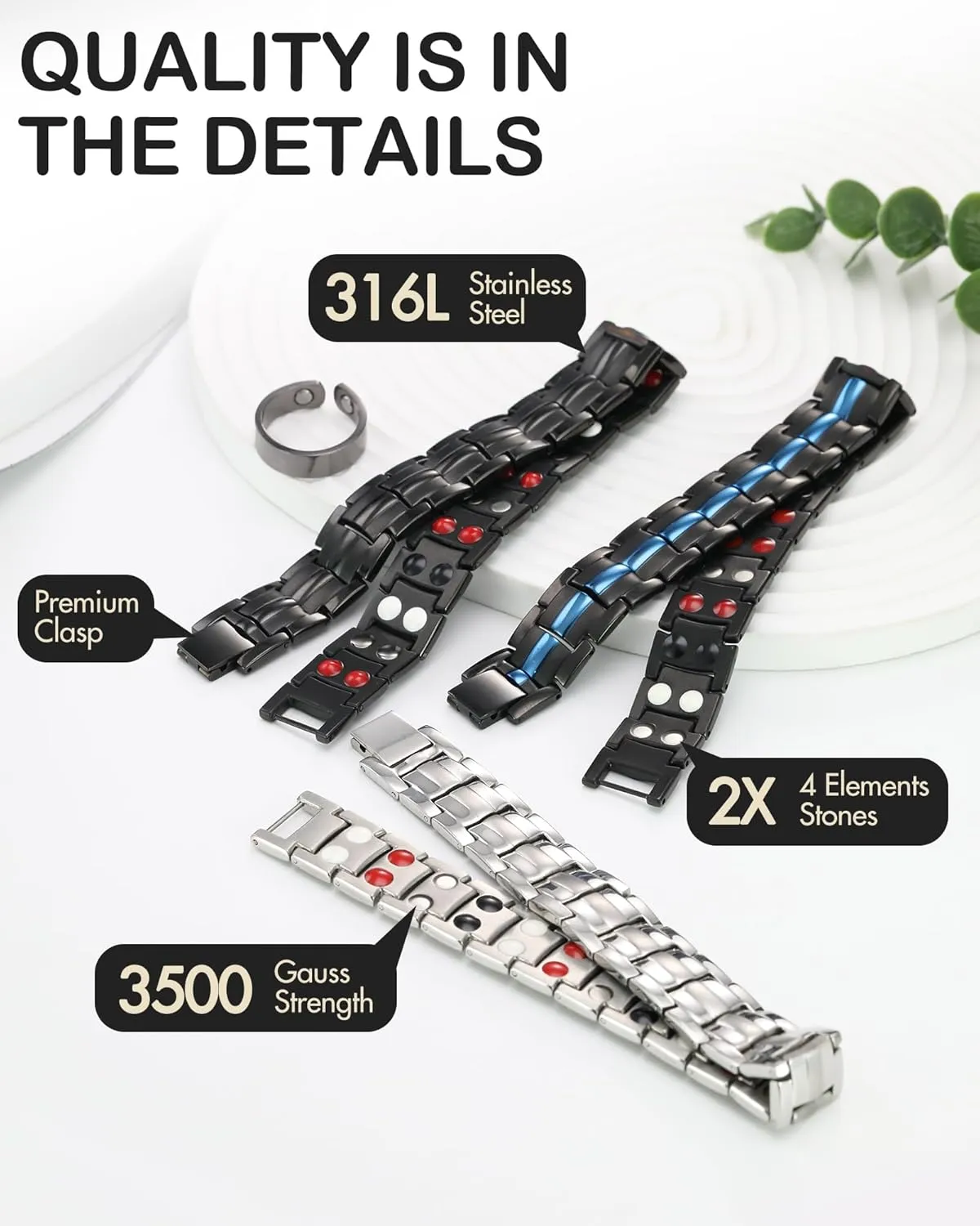 Feraco Magnetic Bracelets for Men, Titanium Steel Magnet Bracelet with Double Rows Effective 4 Elements Stones