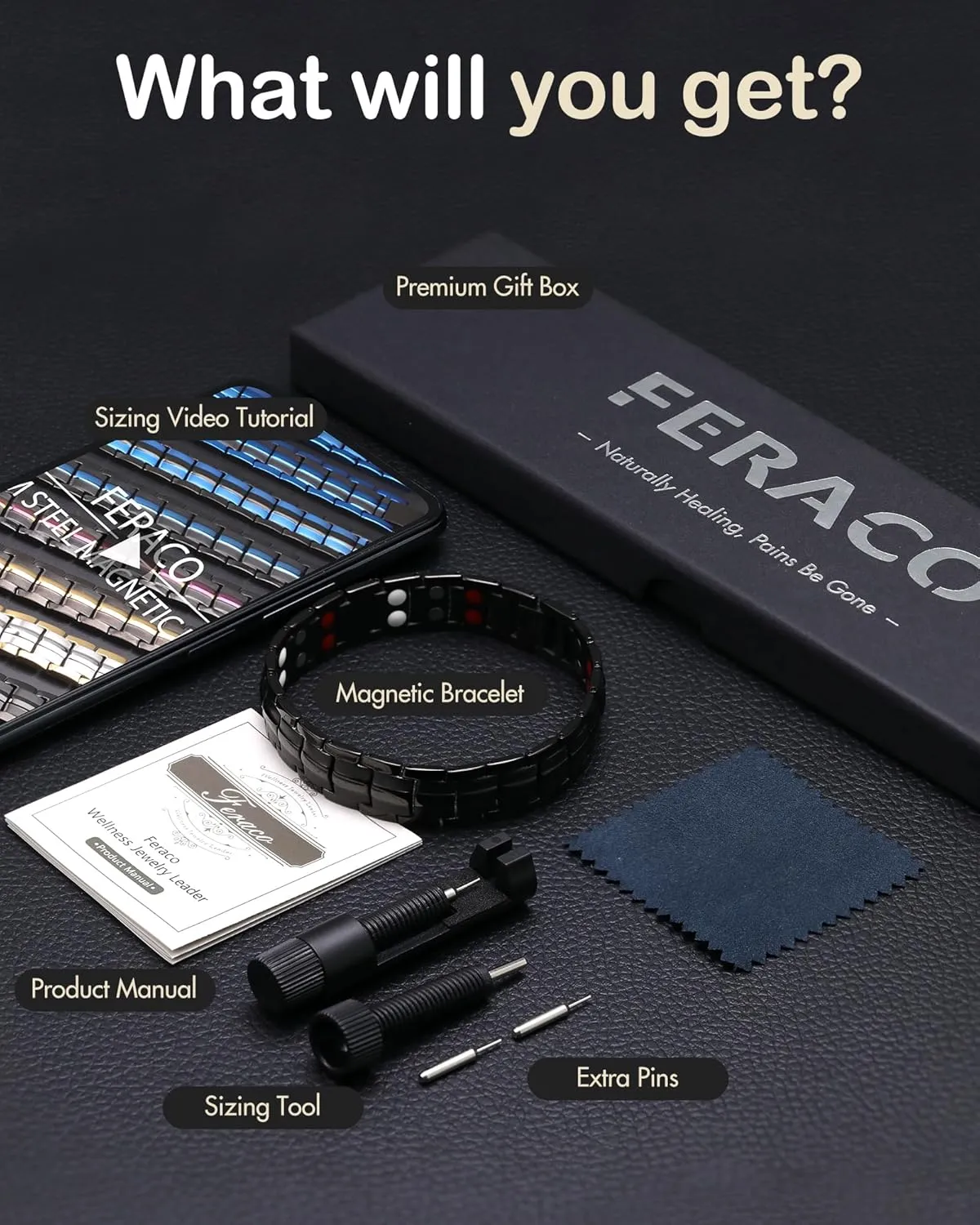 Feraco Magnetic Bracelets for Men, Titanium Steel Magnet Bracelet with Double Rows Effective 4 Elements Stones
