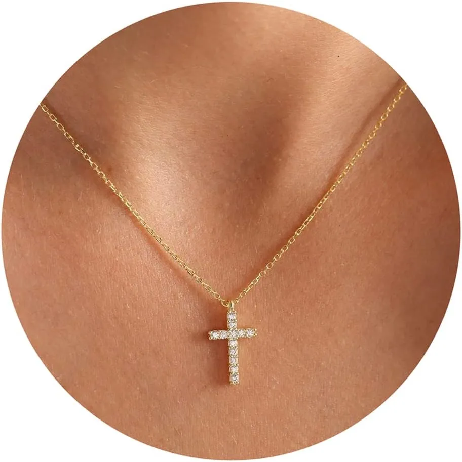 Fesciory Cross Necklace for Women, 14K Gold Plated Cross Pendant Dainty Layered Chain Necklace Jewelry Gifts(Diamond Cross(Gold))
