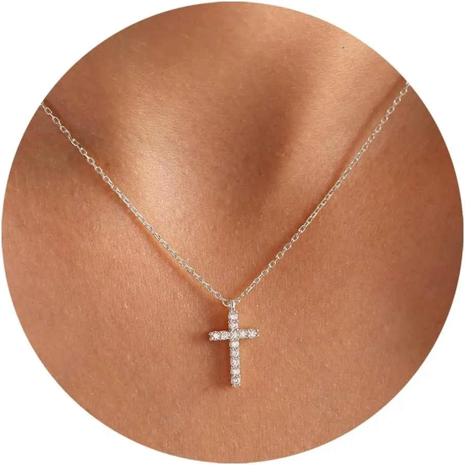 Fesciory Cross Necklace for Women, 14K Gold Plated Cross Pendant Dainty Layered Chain Necklace Jewelry Gifts(Diamond Cross(Gold))