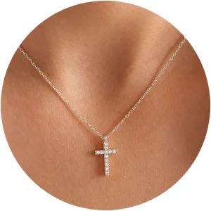 Fesciory Cross Necklace for Women, 14K Gold Plated Cross Pendant Dainty Layered Chain Necklace Jewelry Gifts(Diamond Cross(Gold))