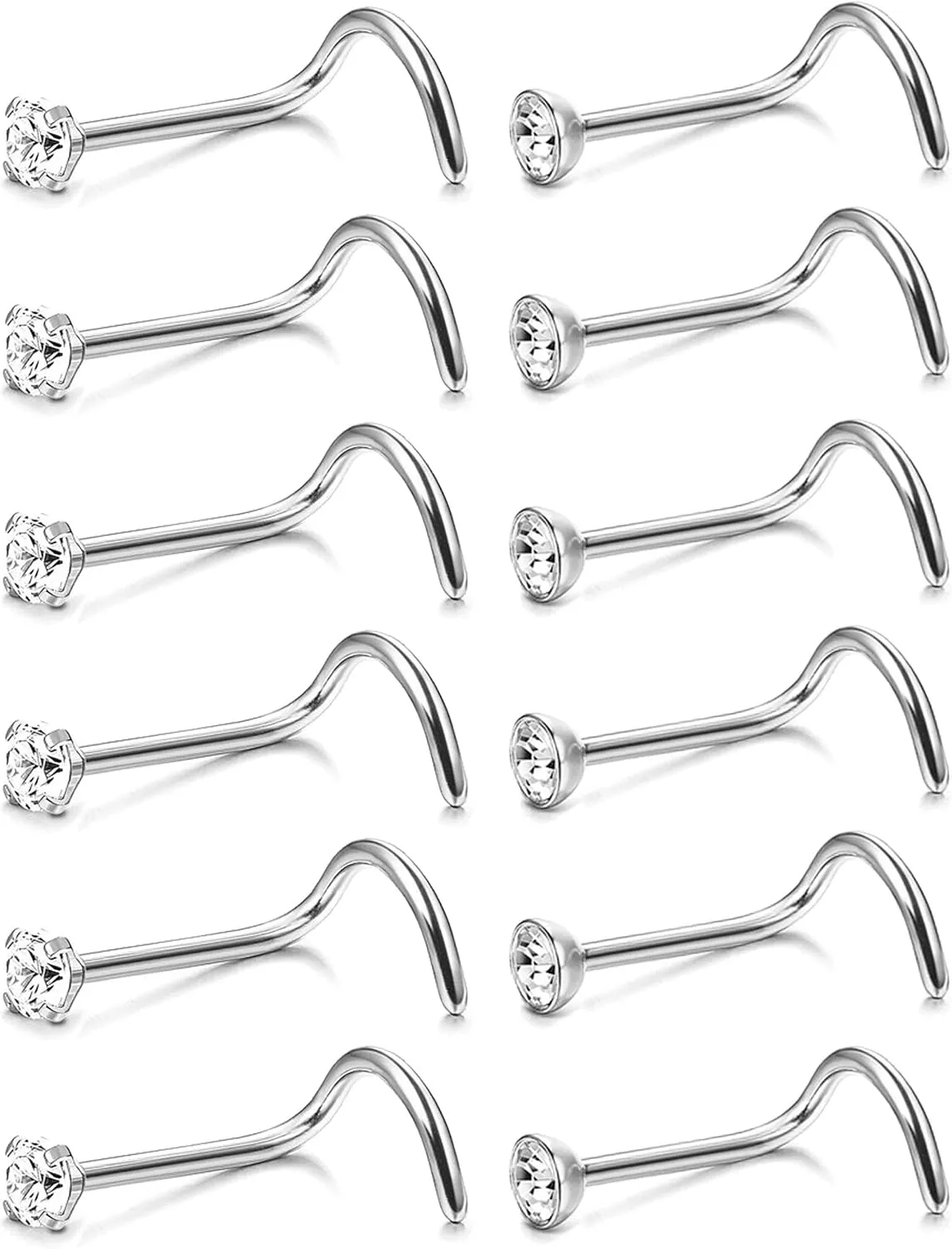 FIBO STEEL 20G Nose Rings Studs for Women 316L Surgical Steel Screw Nose Studs Nose Piercings Jewelry CZ Inlaid 1.5MM 2MM 2.5MM 3MM 3.5MM 10Pcs