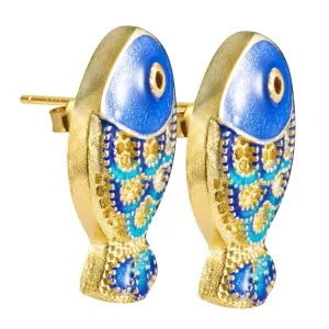 Fish Stud Earrings for Women  Handmade Cloisonn Enamel 925 Sterling Silver Gold-Plated Ocean Animal Earrings, Christian Fishing Jewelry Gift for Girls & Women