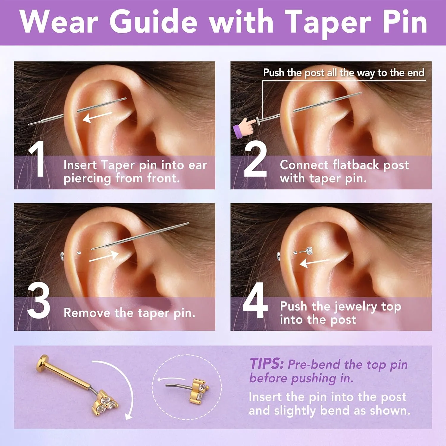 Flat Back Earrings for Women, Helix Tragus Conch Piercing Jewelry, Implant Grade Titanium Earrings, Threadless Nose Studs 18g, Hypoallergenic Cartilage Earring Stud Gold