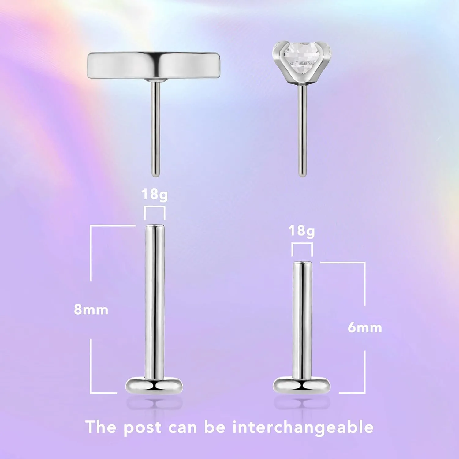 Flat Back Earrings for Women, Helix Tragus Conch Piercing Jewelry, Implant Grade Titanium Earrings, Threadless Nose Studs 18g, Hypoallergenic Cartilage Earring Stud Gold