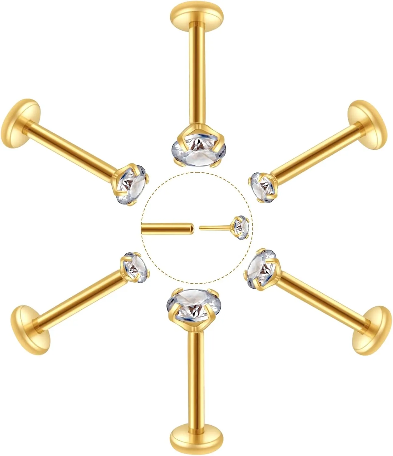 Flat Back Nose Stud Earrings: 16g Push in Nose Rings Studs Set Hypoallergenic Tragus Earrings for Women Titanium Helix Earrings Surgical Steel 14k Gold Silver Cartilage Piercing Jewelry with CZ 2-3-4mm