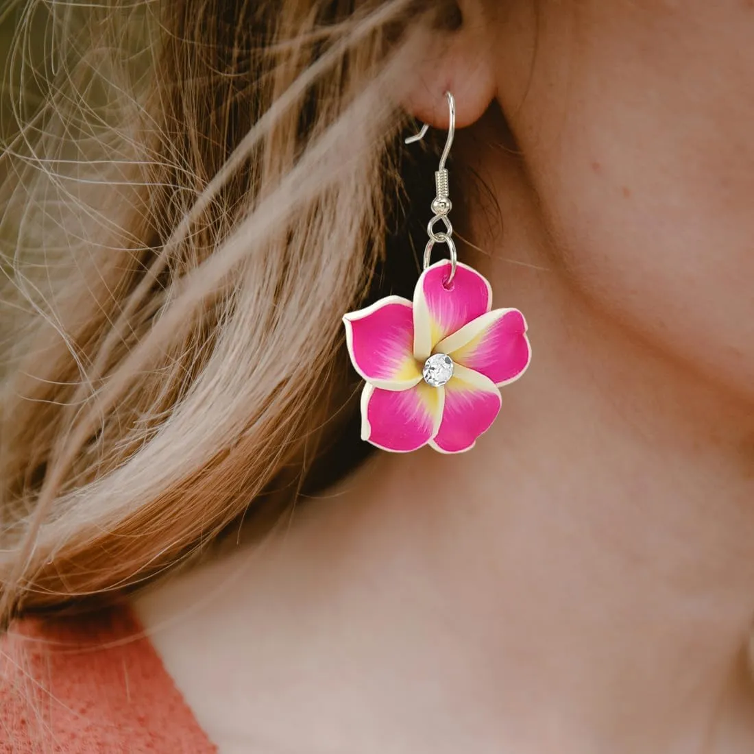 Floral Dangle Earrings for Women Hawaiian Tropical Plumeria Rubra Flower Drop Earrings with Cubic Zirconia Luau Beach Party Vacation Hawaiian Accessories Jewelry Gift
