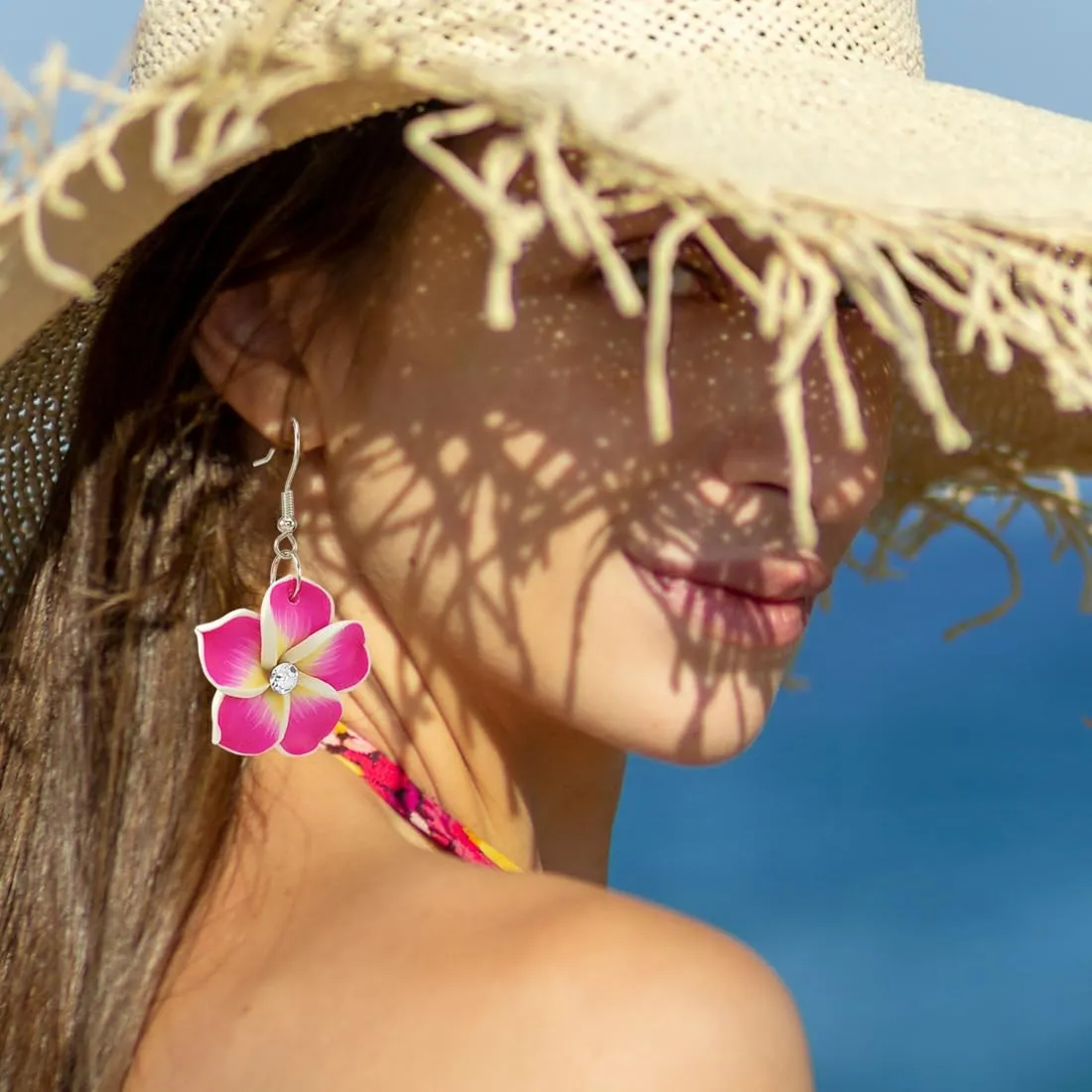 Floral Dangle Earrings for Women Hawaiian Tropical Plumeria Rubra Flower Drop Earrings with Cubic Zirconia Luau Beach Party Vacation Hawaiian Accessories Jewelry Gift