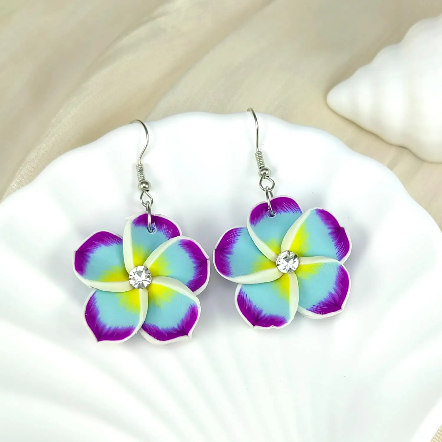 Floral Dangle Earrings for Women Hawaiian Tropical Plumeria Rubra Flower Drop Earrings with Cubic Zirconia Luau Beach Party Vacation Hawaiian Accessories Jewelry Gift