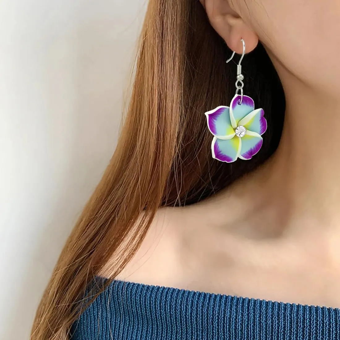 Floral Dangle Earrings for Women Hawaiian Tropical Plumeria Rubra Flower Drop Earrings with Cubic Zirconia Luau Beach Party Vacation Hawaiian Accessories Jewelry Gift