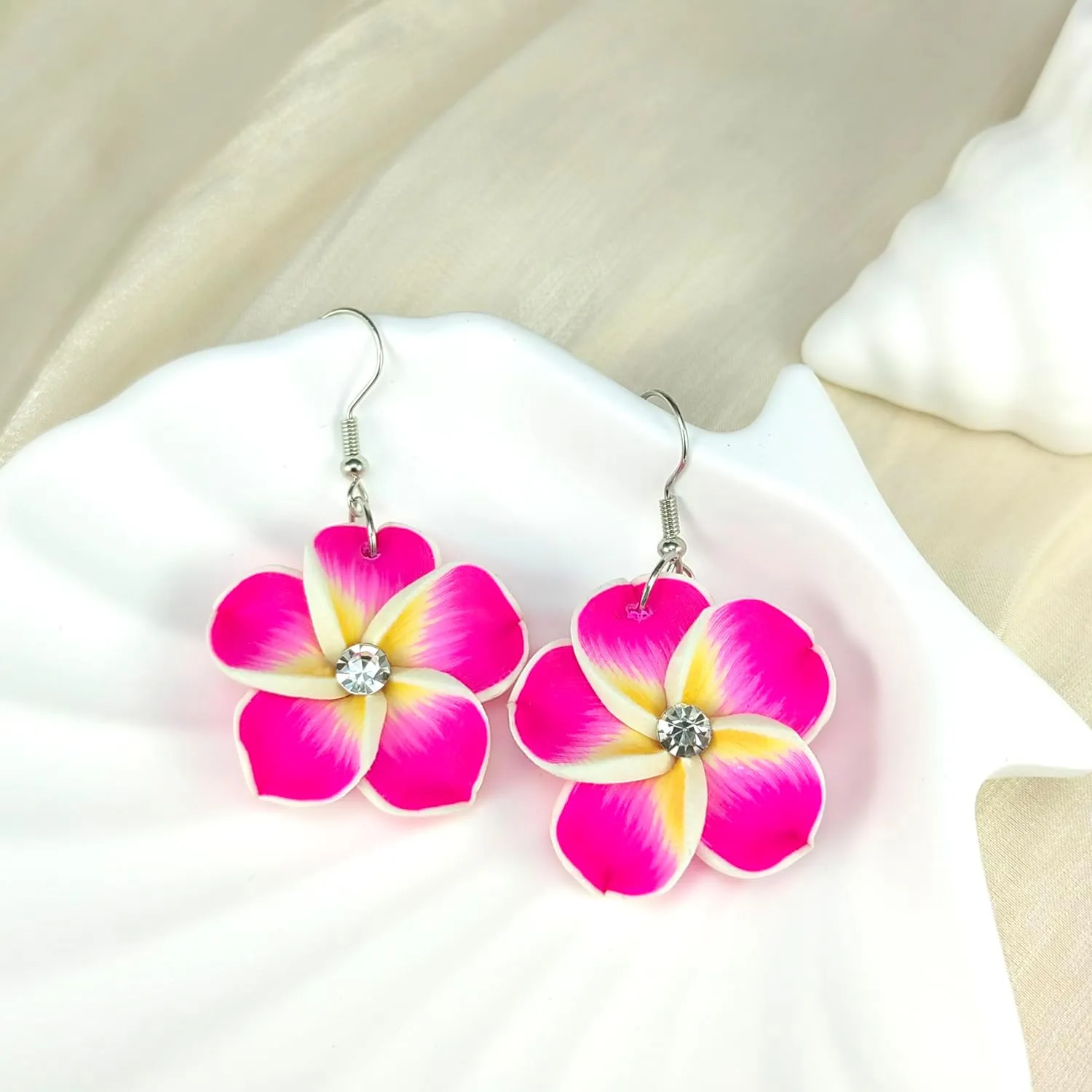 Floral Dangle Earrings for Women Hawaiian Tropical Plumeria Rubra Flower Drop Earrings with Cubic Zirconia Luau Beach Party Vacation Hawaiian Accessories Jewelry Gift