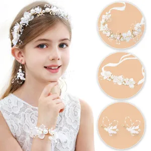 Flower Crown - Girl's Wedding Hair Accessory with Pearls, Headband for Communion, Party, Including Bracelets and Earrings (3 PCS)