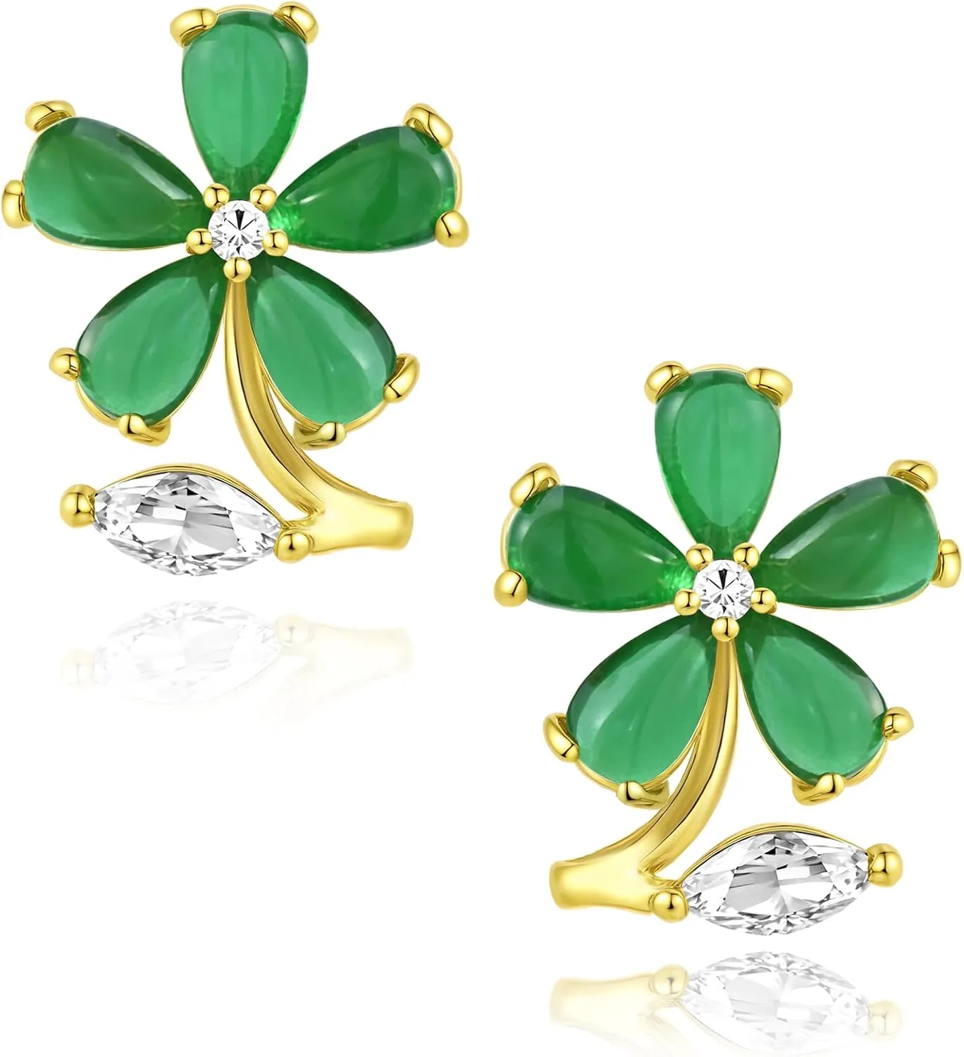 Flower Emerald Stud Earrings, 14K Gold Plated, May Birthstone, Emerald Green Gemstone