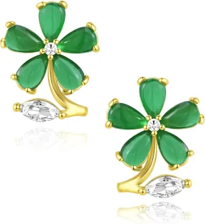 Flower Emerald Stud Earrings, 14K Gold Plated, May Birthstone, Emerald Green Gemstone