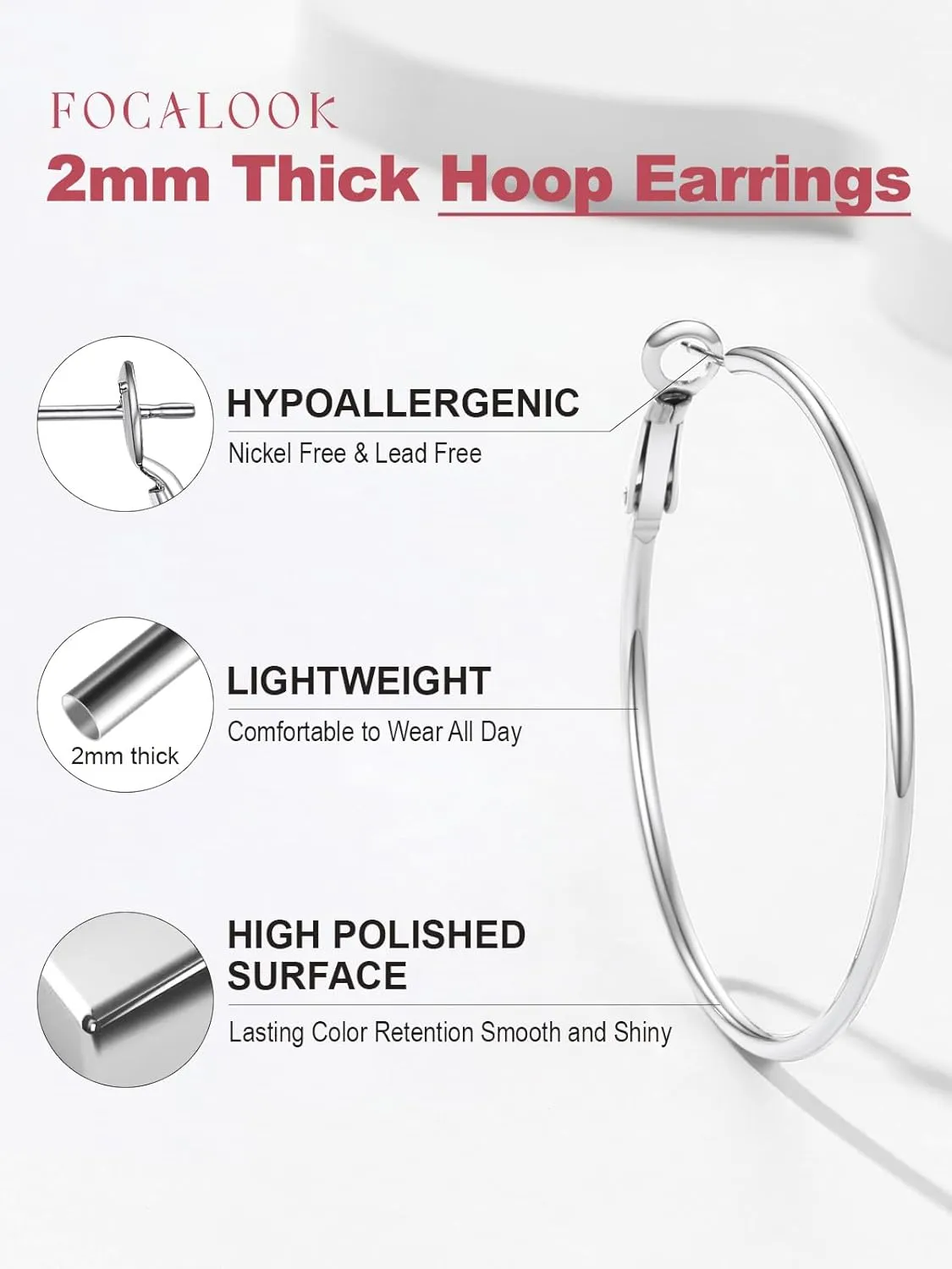 FOCALOOK 14K Gold Plated Lightweight Large Hoops| 2mm Thin Hoop Earrings for Women 30/40/50/70/100mm