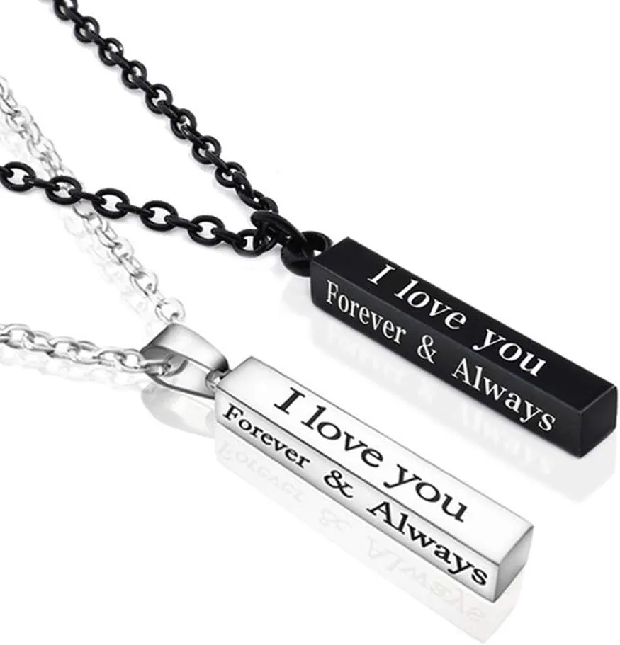 Forever And Always Necklaces For Couples Set His Her Stainless Steel Cute Heart Engraved Lettering Promise Relationship Matching Couples Necklace Rings Valentine Day Gift