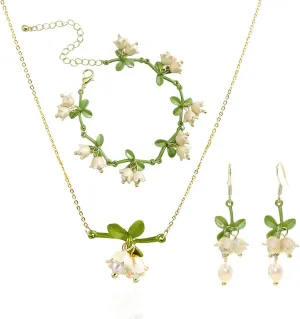 FORUBUS Lily of the Valley Jewelry Set  Necklace, Earrings & Bracelet, Lily of the Valley Necklace, Vintage Floral Design with Faux Pearls, Ideal for Weddings, Spring Trip