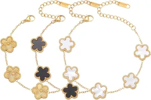 Four Leaf Clover Bracelet Set for Women - 3Pcs 18K Gold Plated Flower Lucky 4 Leaf Link Bracelet Jewelry Gift for Women Van Cleef