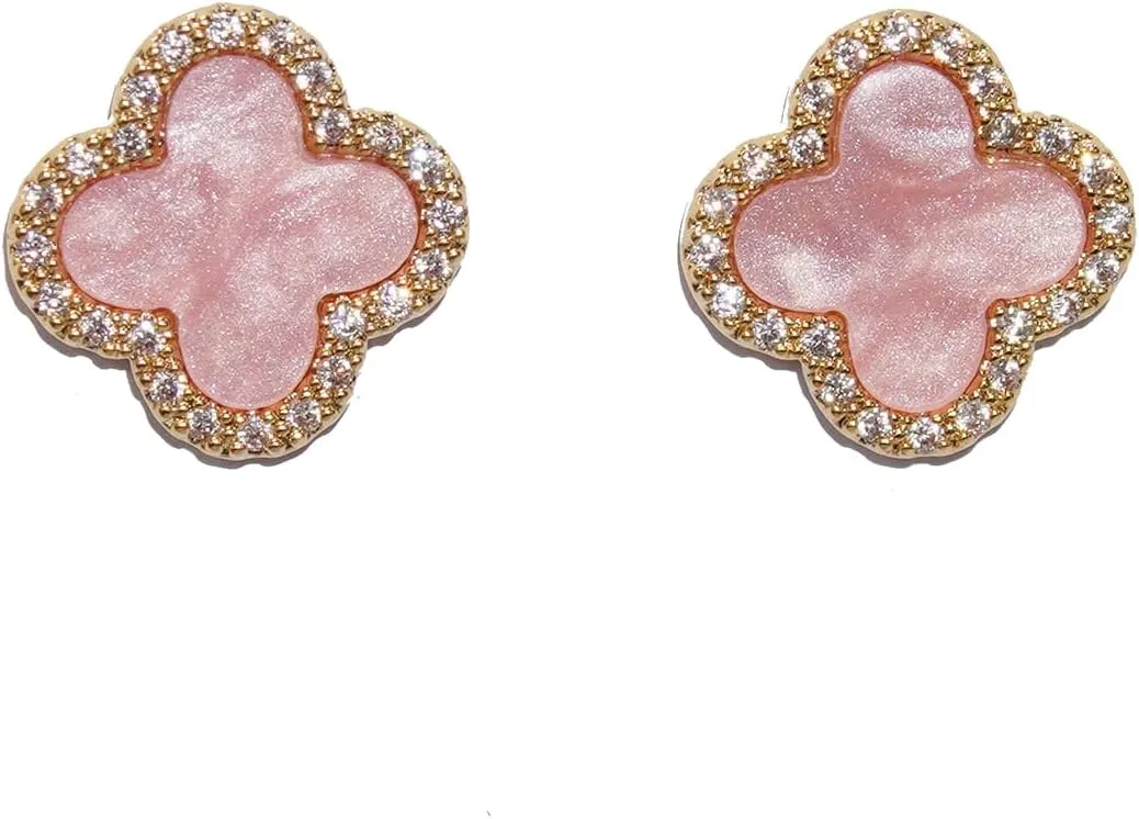Four Leaf Clover Earrings Silver Needle Clover Earrings Full of Diamond Zircon Anti-Allergy Jewelry Earrings Large for Women or Girls