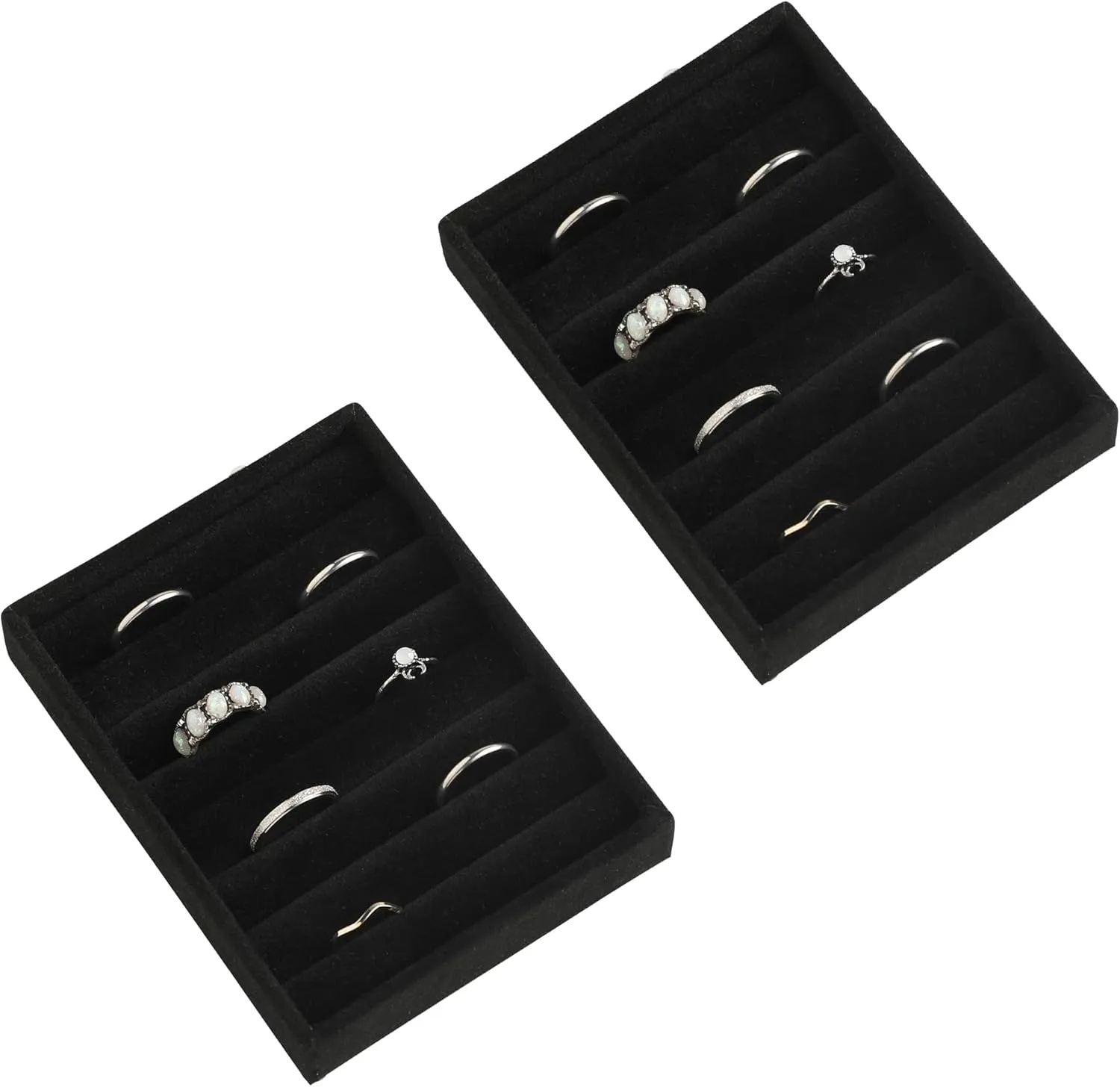 Frebeauty Small Jewelry Tray Set,Velvet Ring Organizer,Stackable Jewelry Organizer Tray,Mini Jewelry Drawer Organizer,4.92 x 3.74 x 0.9 Inches,7 Slots Ring Tray for Women (Set 2,Black)