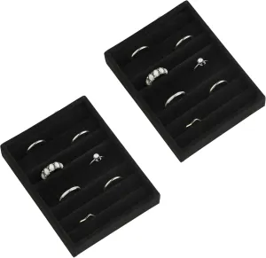 Frebeauty Small Jewelry Tray Set,Velvet Ring Organizer,Stackable Jewelry Organizer Tray,Mini Jewelry Drawer Organizer,4.92 x 3.74 x 0.9 Inches,7 Slots Ring Tray for Women (Set 2,Black)