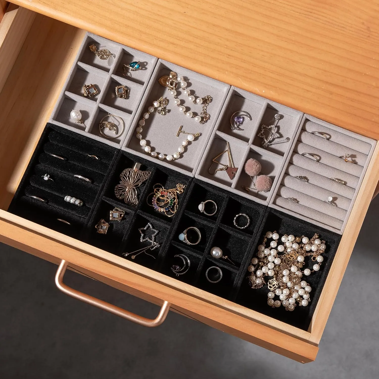 Frebeauty Small Jewelry Tray Set,Velvet Ring Organizer,Stackable Jewelry Organizer Tray,Mini Jewelry Drawer Organizer,4.92 x 3.74 x 0.9 Inches,7 Slots Ring Tray for Women (Set 2,Black)