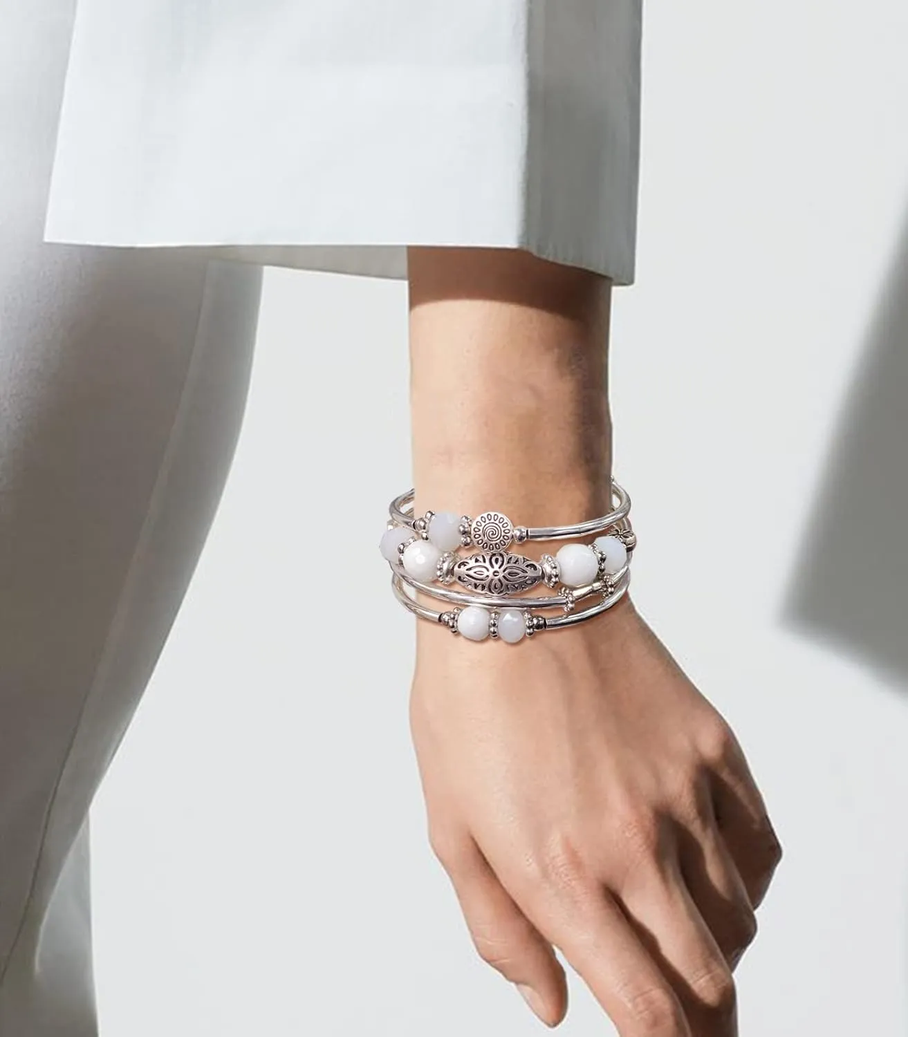 FULU AUTUMN Stackable Beaded Bracelets for Women Boho Wrap Silver Bracelet Layered Fashion Jewelry Gifts for Her