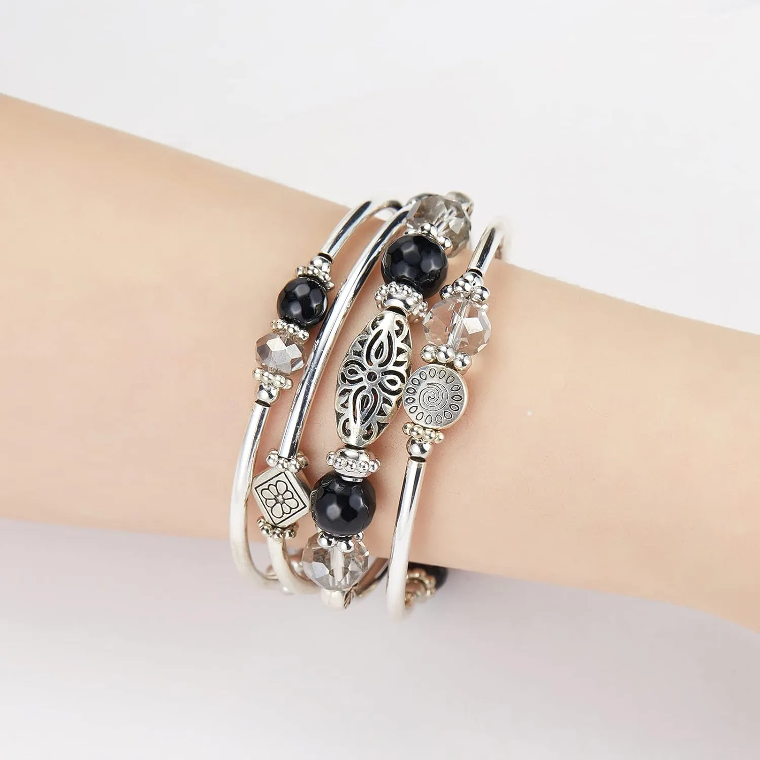 FULU AUTUMN Stackable Beaded Bracelets for Women Boho Wrap Silver Bracelet Layered Fashion Jewelry Gifts for Her