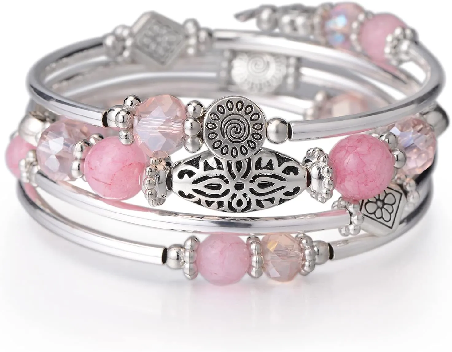 FULU AUTUMN Stackable Beaded Bracelets for Women Boho Wrap Silver Bracelet Layered Fashion Jewelry Gifts for Her