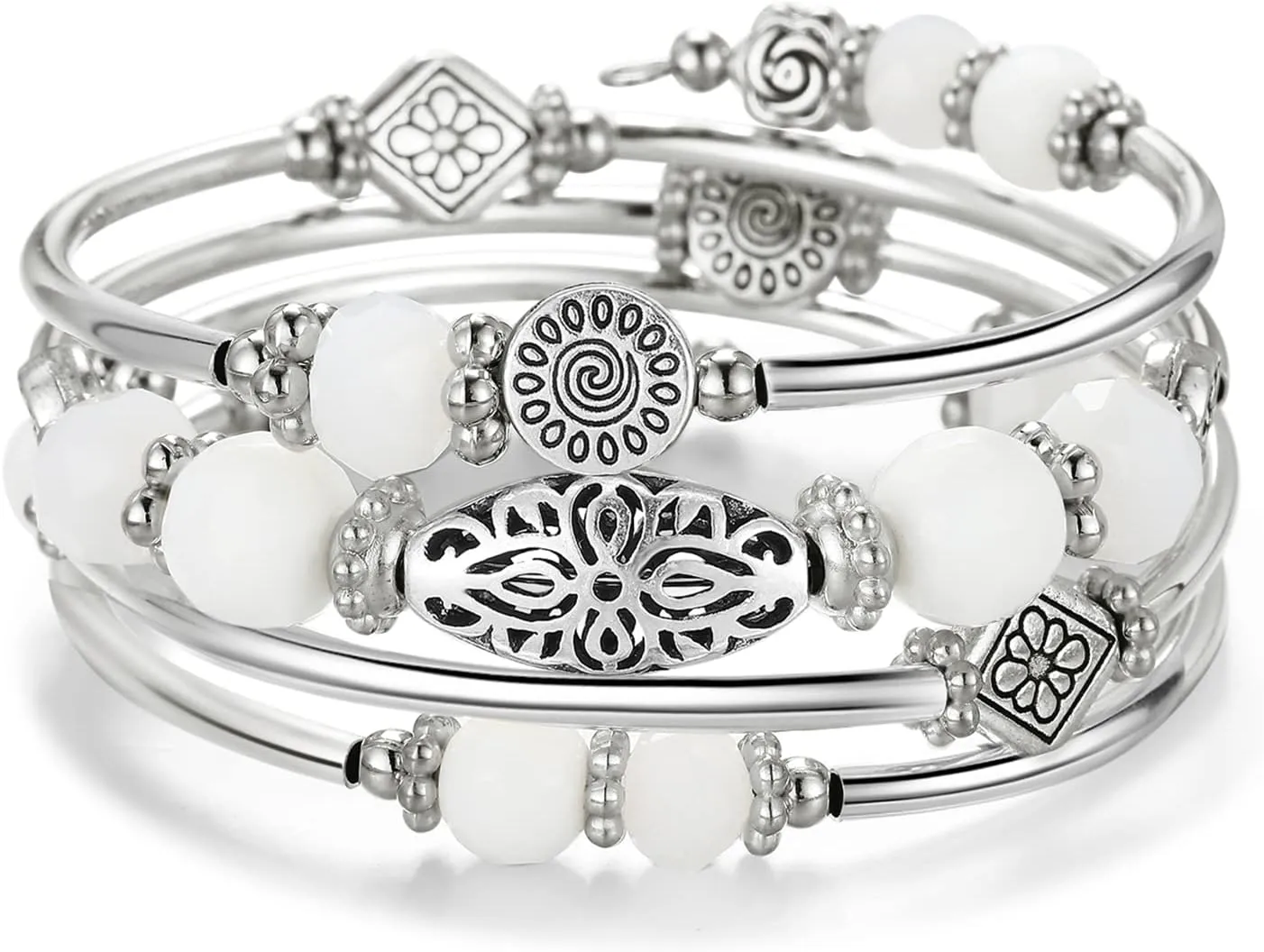 FULU AUTUMN Stackable Beaded Bracelets for Women Boho Wrap Silver Bracelet Layered Fashion Jewelry Gifts for Her