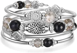 FULU AUTUMN Stackable Beaded Bracelets for Women Boho Wrap Silver Bracelet Layered Fashion Jewelry Gifts for Her