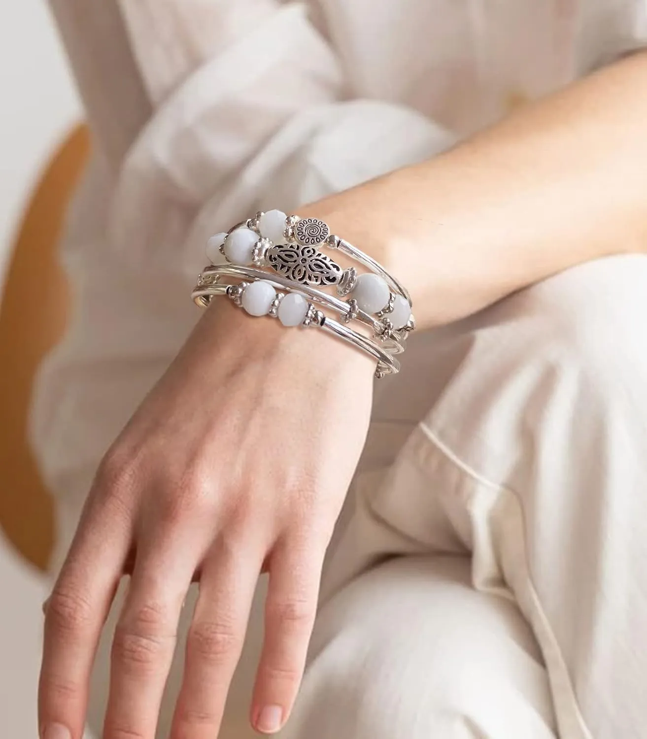 FULU AUTUMN Stackable Beaded Bracelets for Women Boho Wrap Silver Bracelet Layered Fashion Jewelry Gifts for Her