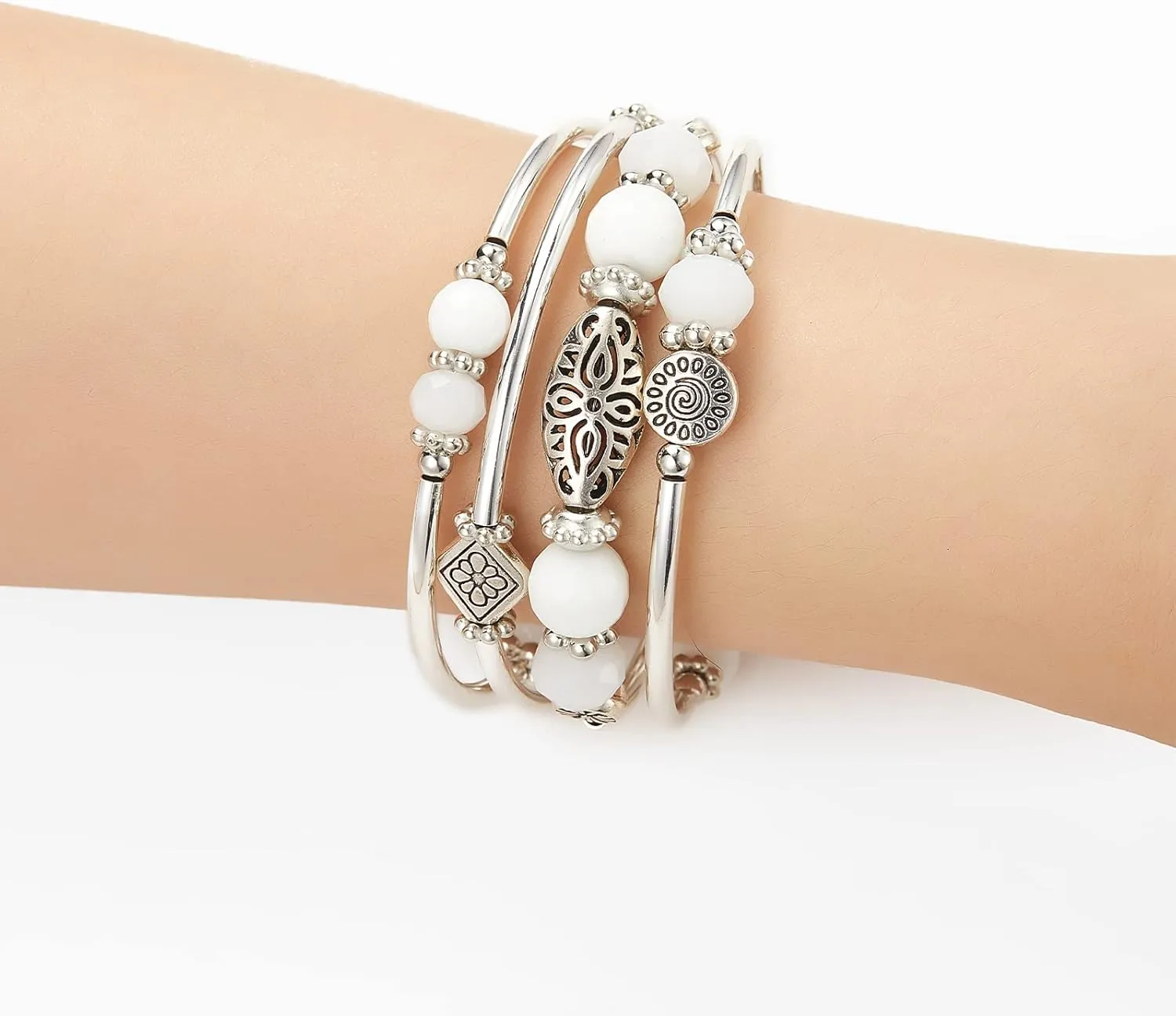 FULU AUTUMN Stackable Beaded Bracelets for Women Boho Wrap Silver Bracelet Layered Fashion Jewelry Gifts for Her
