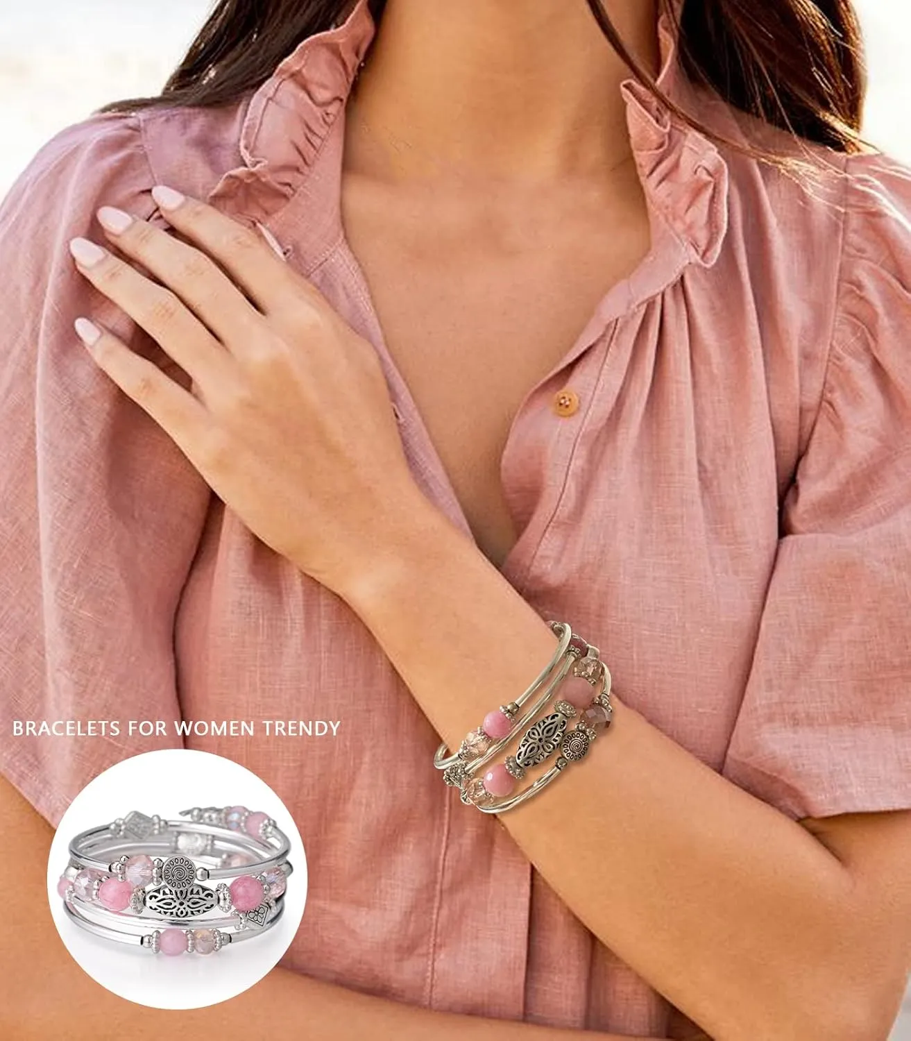 FULU AUTUMN Stackable Beaded Bracelets for Women Boho Wrap Silver Bracelet Layered Fashion Jewelry Gifts for Her