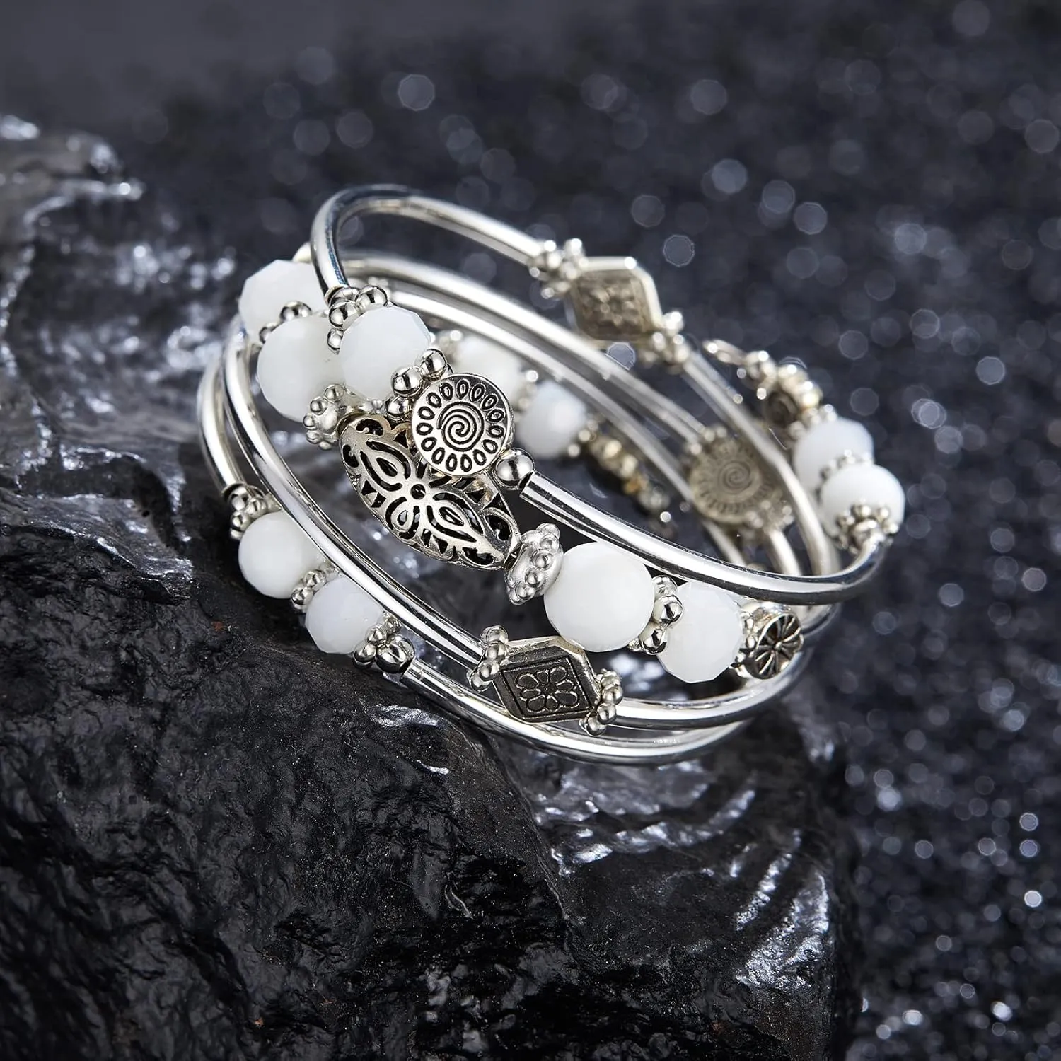 FULU AUTUMN Stackable Beaded Bracelets for Women Boho Wrap Silver Bracelet Layered Fashion Jewelry Gifts for Her