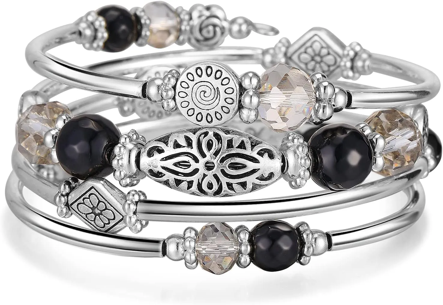 FULU AUTUMN Stackable Beaded Bracelets for Women Boho Wrap Silver Bracelet Layered Fashion Jewelry Gifts for Her