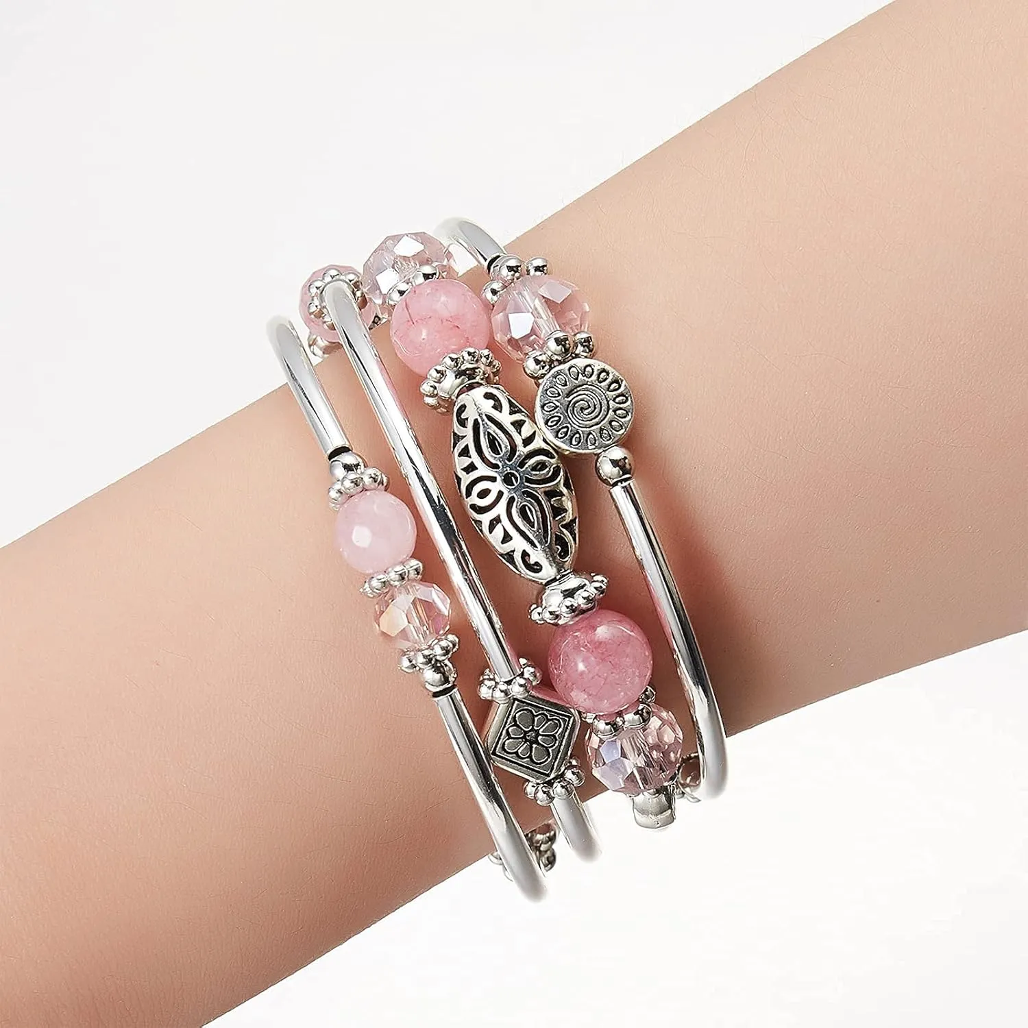 FULU AUTUMN Stackable Beaded Bracelets for Women Boho Wrap Silver Bracelet Layered Fashion Jewelry Gifts for Her