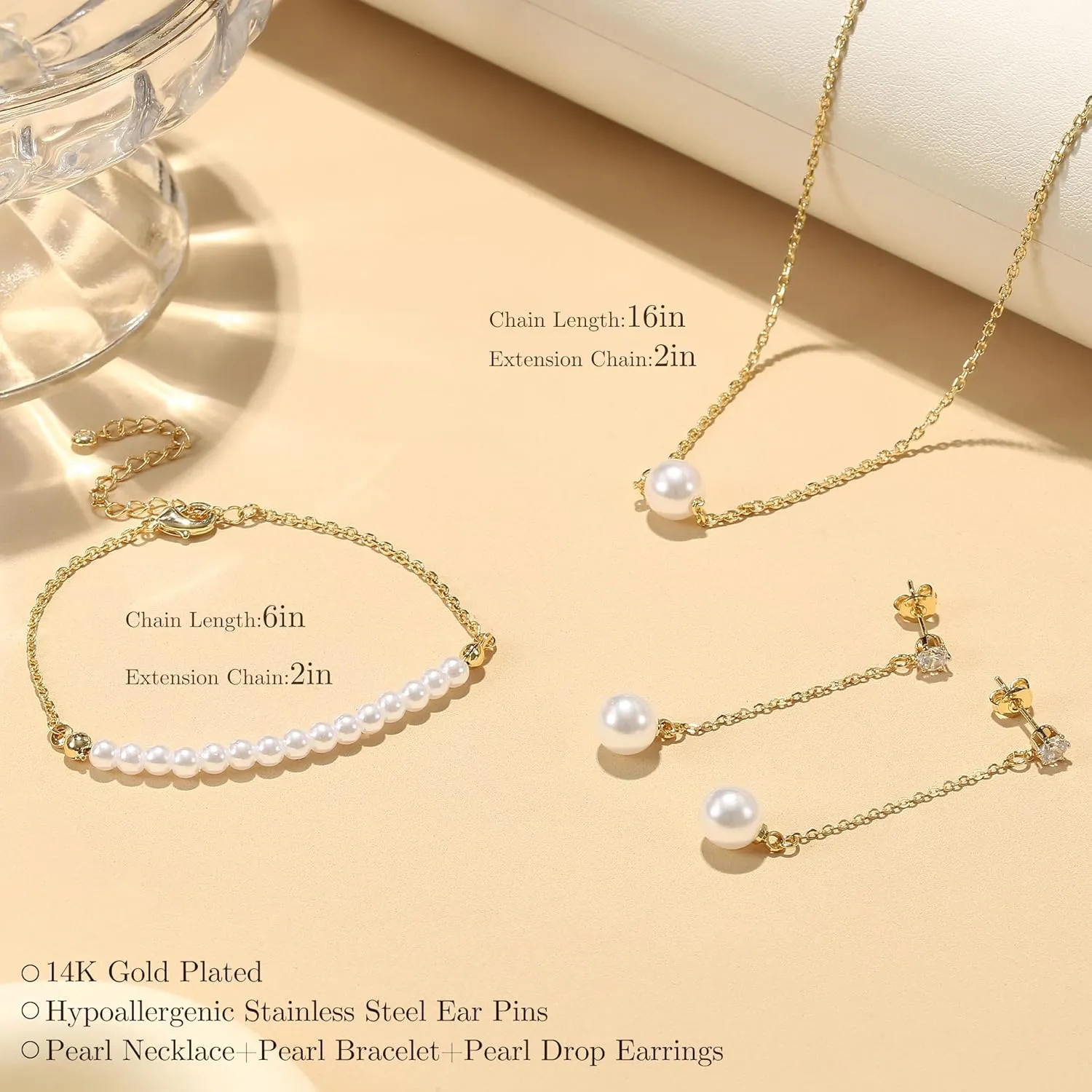 FUNRUN JEWELRY 14K Gold Plated Pearl Necklace Set for Women - Adjustable Choker, Bracelet, Drop Earrings - Dainty Wedding Jewelry