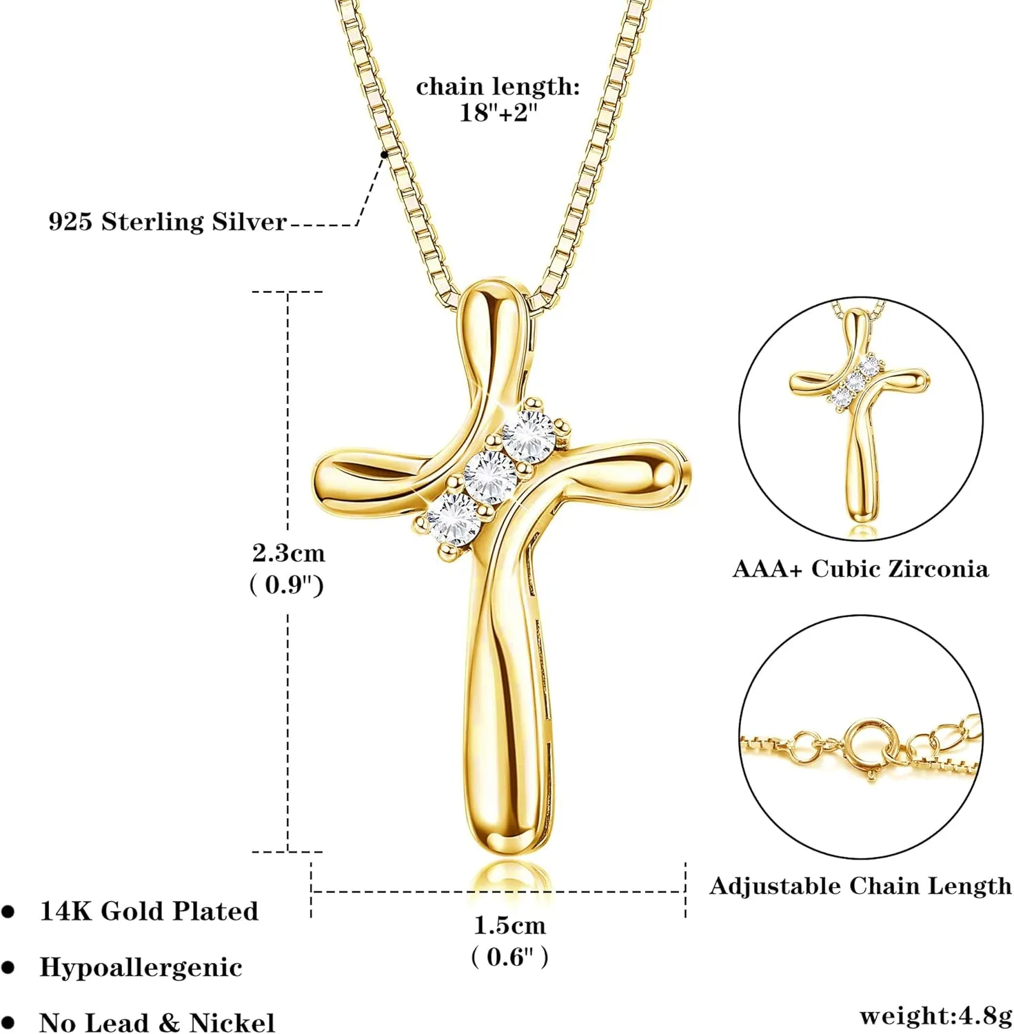 FUNRUN JEWELRY 925 Sterling Silver Cross Necklace for Women 3 Stone Cubic Zirconia Silver Cross Pendant Necklaces with 1 MM Box Chain,18 Inches