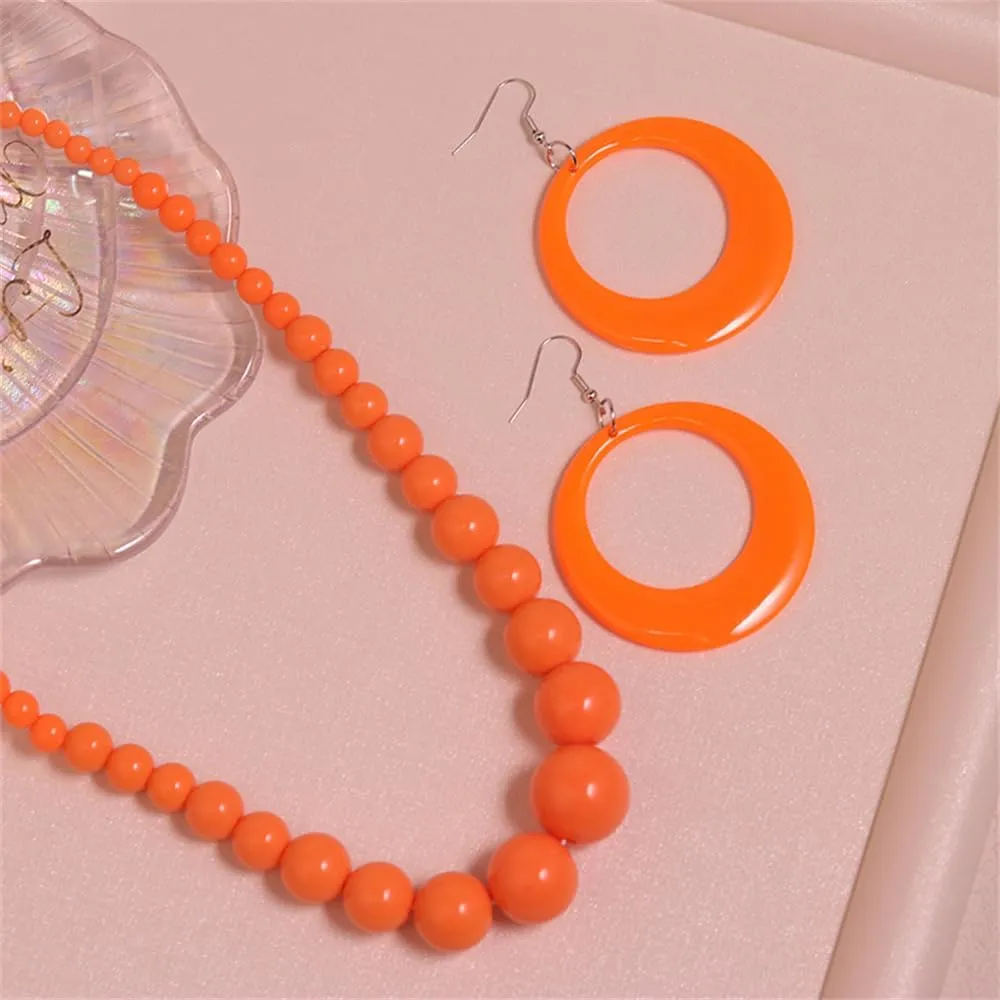 Fuqimanman2020 Colorful Neon Acrylic Beaded Necklace Earrings Set for Women 70s 80s Retro Circle Round Dangle Drop Earrings Boho Exaggerated Geometry Necklace Earrings Jewelry Gift