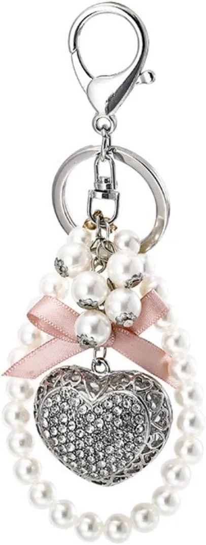 Fuqimanman2020 Delicate Crystal LoveHeart Keychain Lovely Bow Rhinestone Pearl Heart Keychain Valentine's Day Jewelry Gift