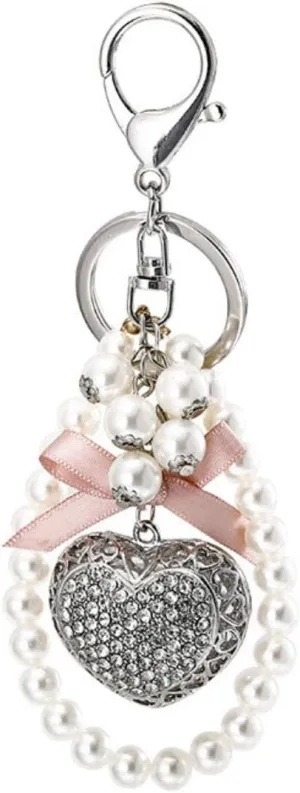 Fuqimanman2020 Delicate Crystal LoveHeart Keychain Lovely Bow Rhinestone Pearl Heart Keychain Valentine's Day Jewelry Gift