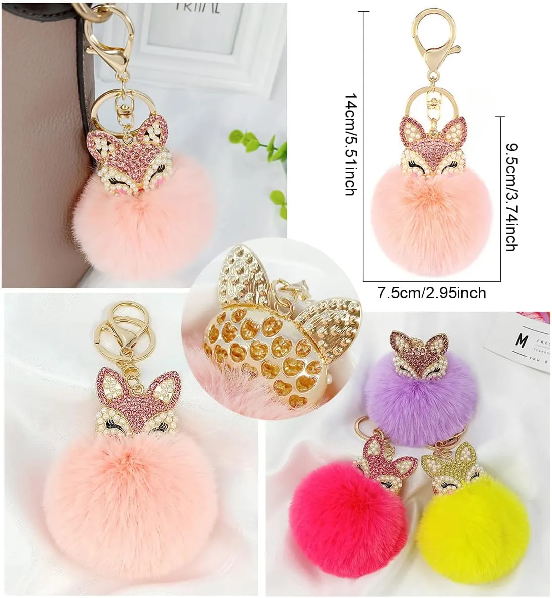 Fur Ball Pom Pom Keychain with Cute Alloy Fox Head Studded with Rhinestone Fashion Bag Charm Pendant for Women Girls