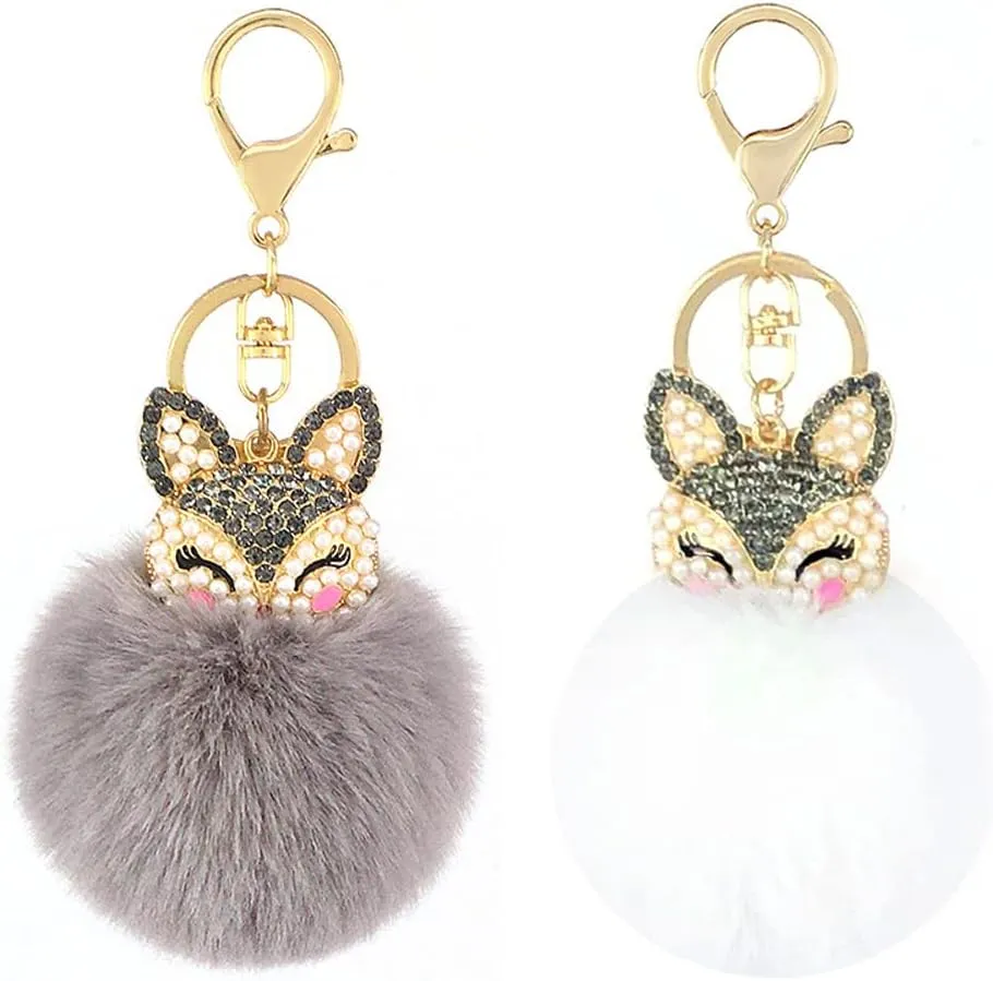 Fur Ball Pom Pom Keychain with Cute Alloy Fox Head Studded with Rhinestone Fashion Bag Charm Pendant for Women Girls