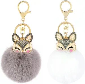 Fur Ball Pom Pom Keychain with Cute Alloy Fox Head Studded with Rhinestone Fashion Bag Charm Pendant for Women Girls