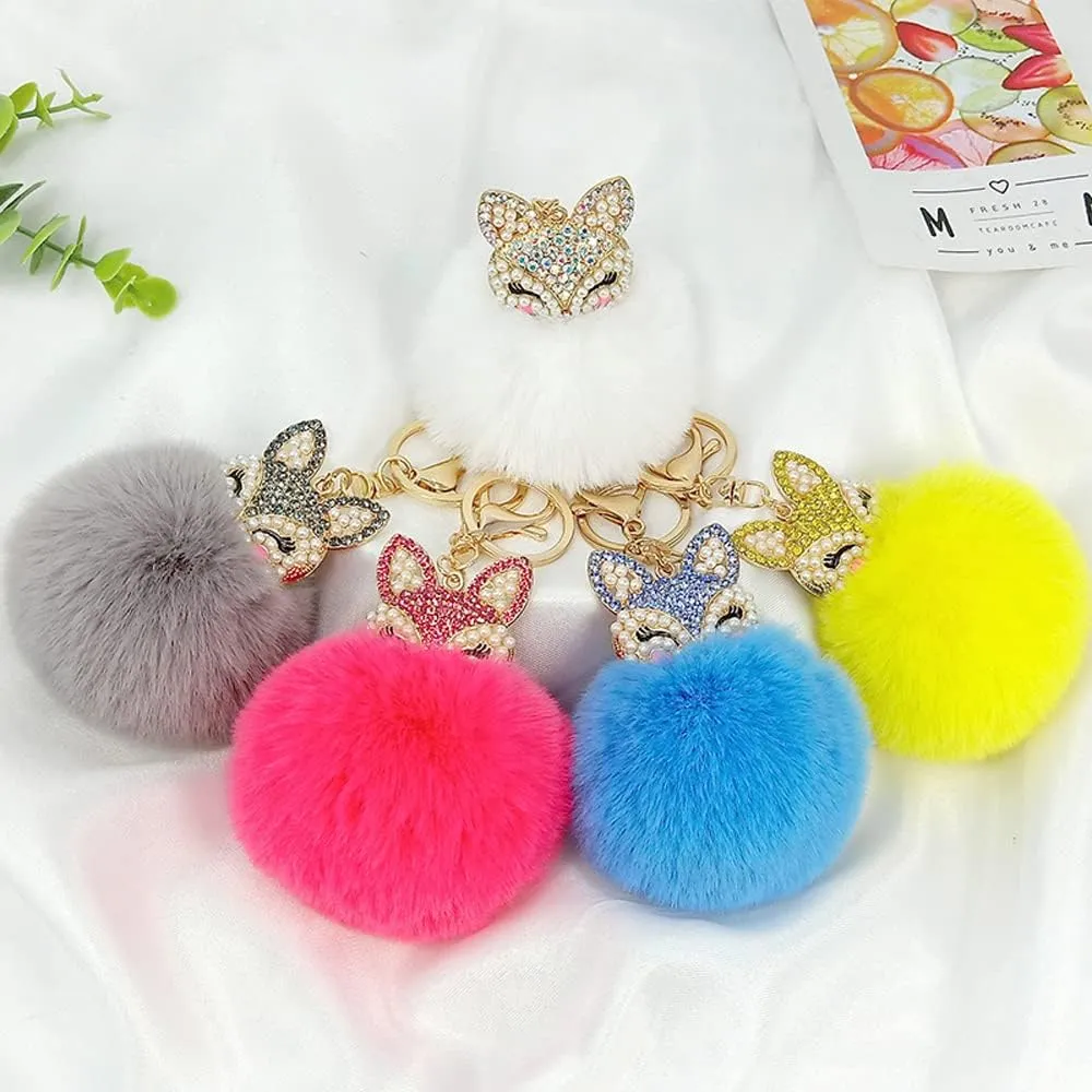 Fur Ball Pom Pom Keychain with Cute Alloy Fox Head Studded with Rhinestone Fashion Bag Charm Pendant for Women Girls