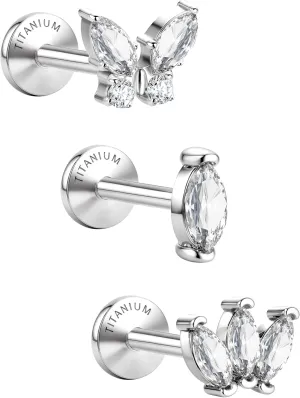 G23 Implant Grade Titanium Flat Back Earrings 5A CZ Studs: 14K Gold Hypoallergenic 3 Pcs 18G Internally Threaded Tragus Cartilage Conch Helix Piercing Jewelry for Sensitive Ears Women Men